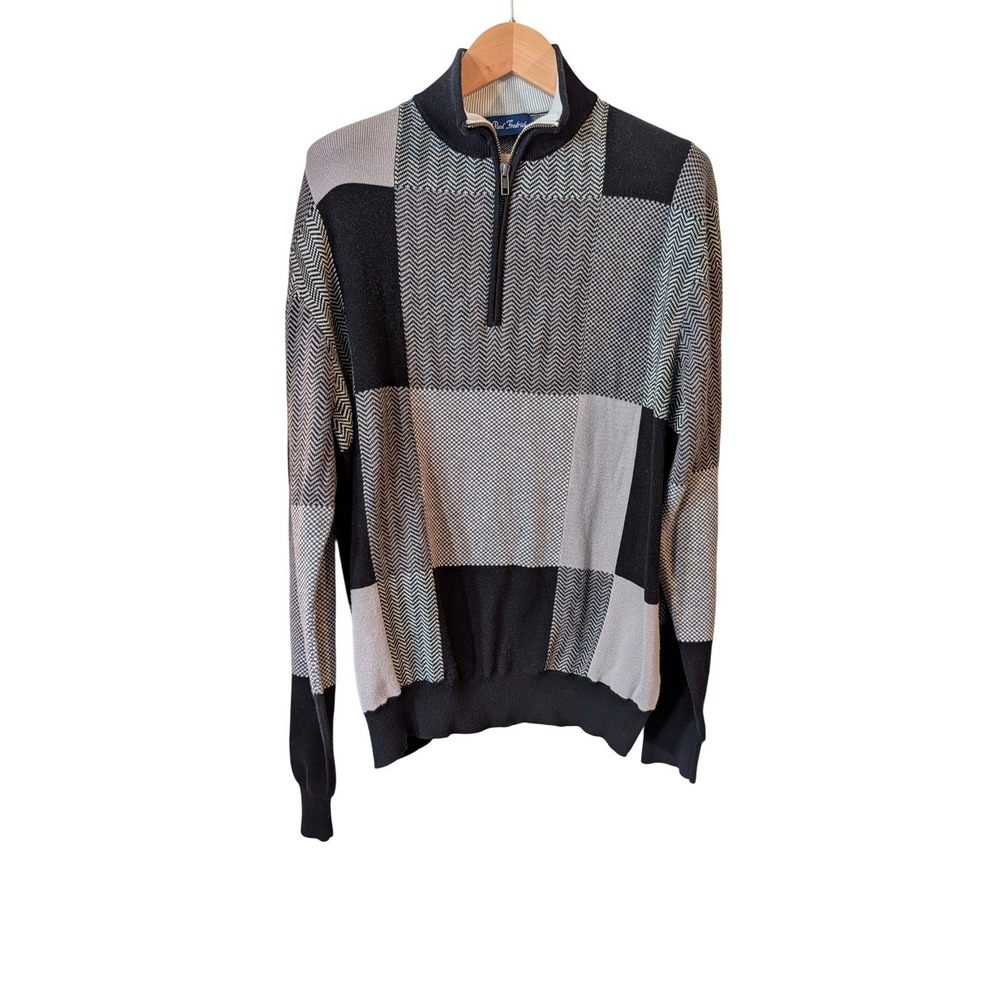 Paul Fredrick Mens Large 100% Cotton Quarter Zip Patchwork Sweater Grayscale L